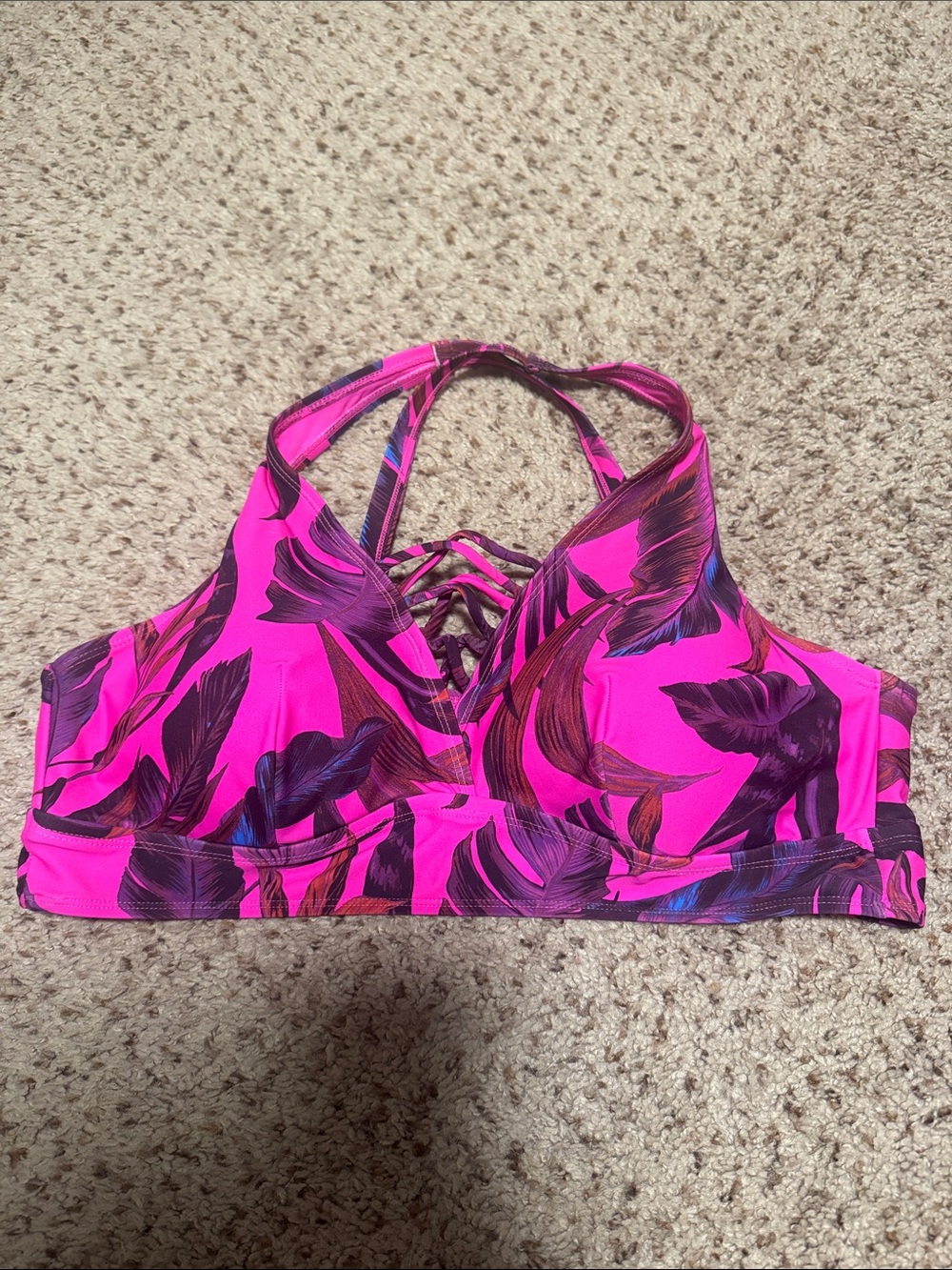 Torrid Bright Pink Tropical-Print bikini top with Strappy Detail